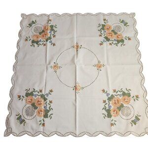 Vintage Square Floral Embroidered Tablecloth White Scalloped Cutwork Lace 34x34